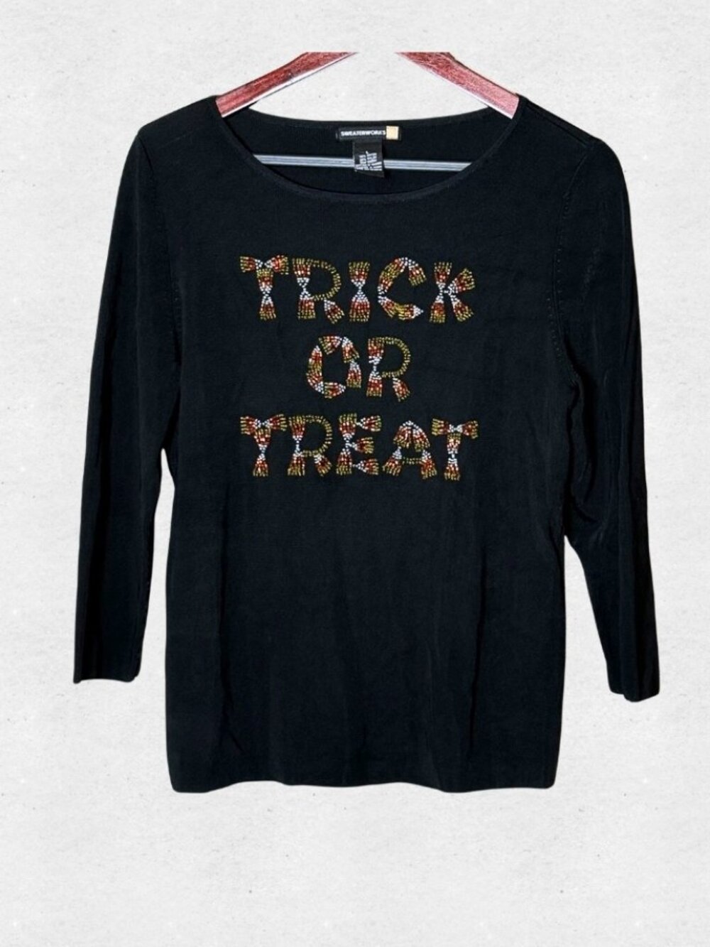 Vintage Halloween Trick or Treat Candy Corn Beading Black Shirt Large Novelty